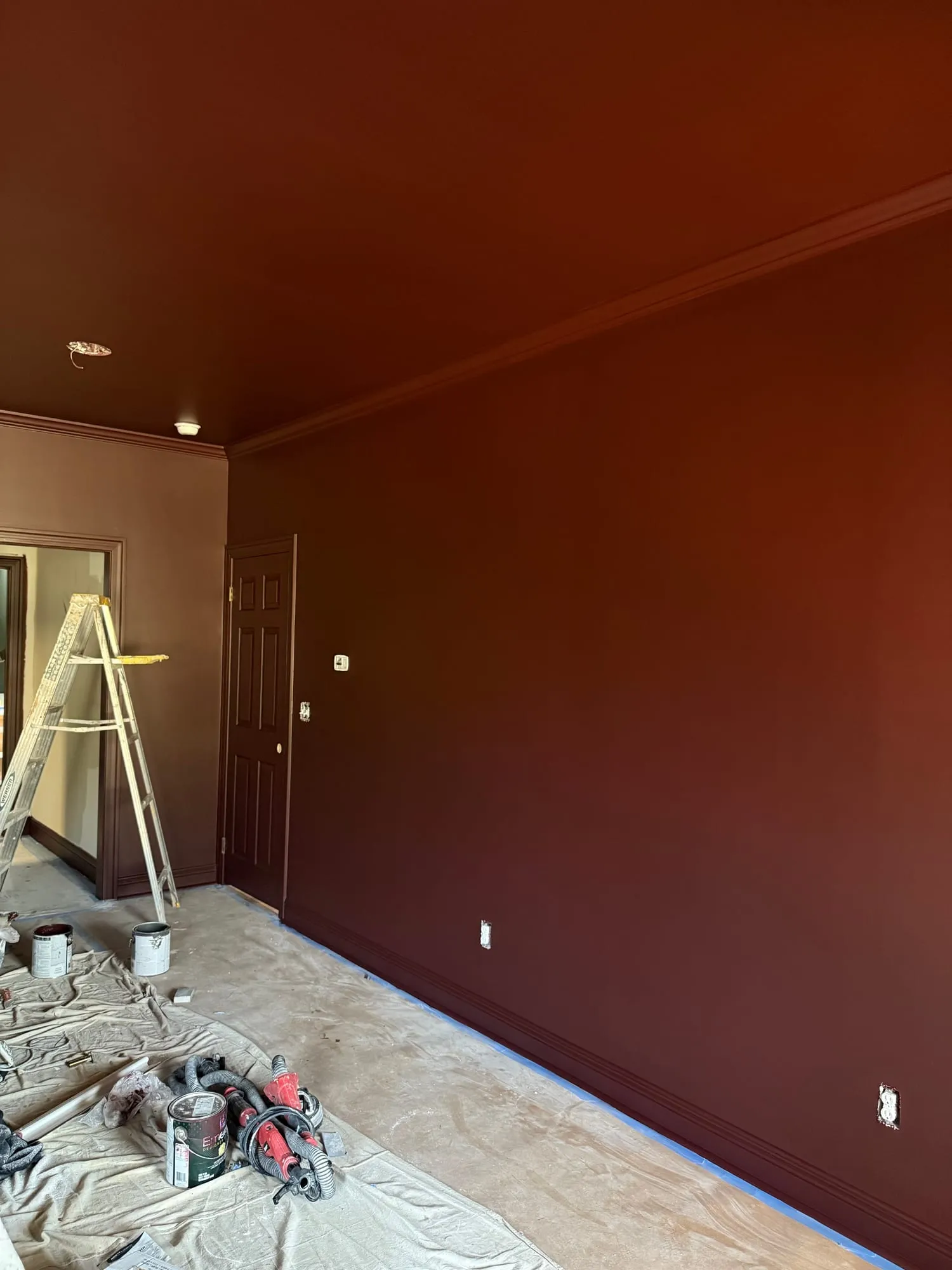 A room with walls and ceiling painted deep oxblood burgundy, a dark-painted door and crown molding, a ladder and paint cans on the covered floor.
