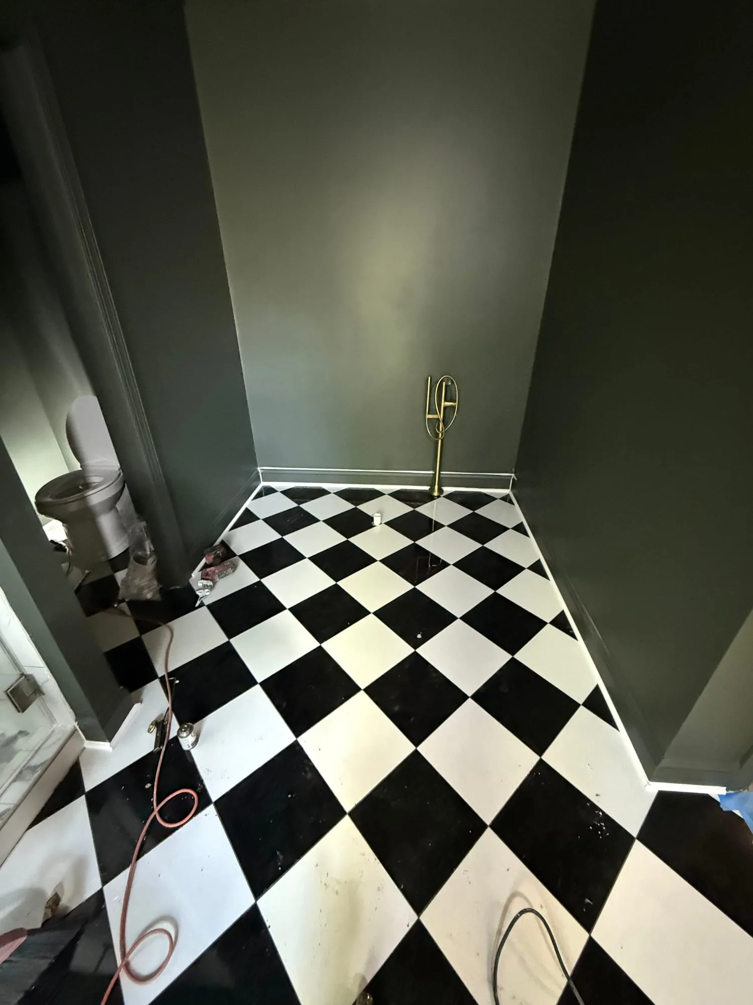 A powder room painted deep olive green on the walls and trim, over a black-and-white diamond harlequin tile floor, with a brass fixture on the wall.